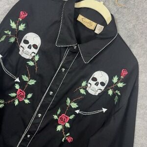 Scully Embroidered Western Shirt Mens XL Black Skulls Roses Snaps
